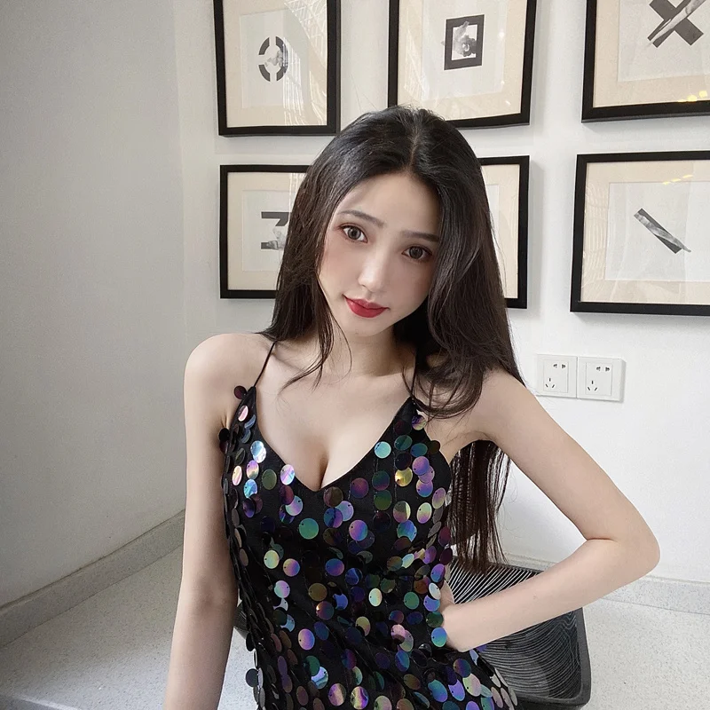 الكورية نمط المرأة بريق ملهى ليلي الزي مثير مطرزة عبر الظهر عارية الذراعين بروتيل فستان عصري مطرزة فستان قصير قصير #3