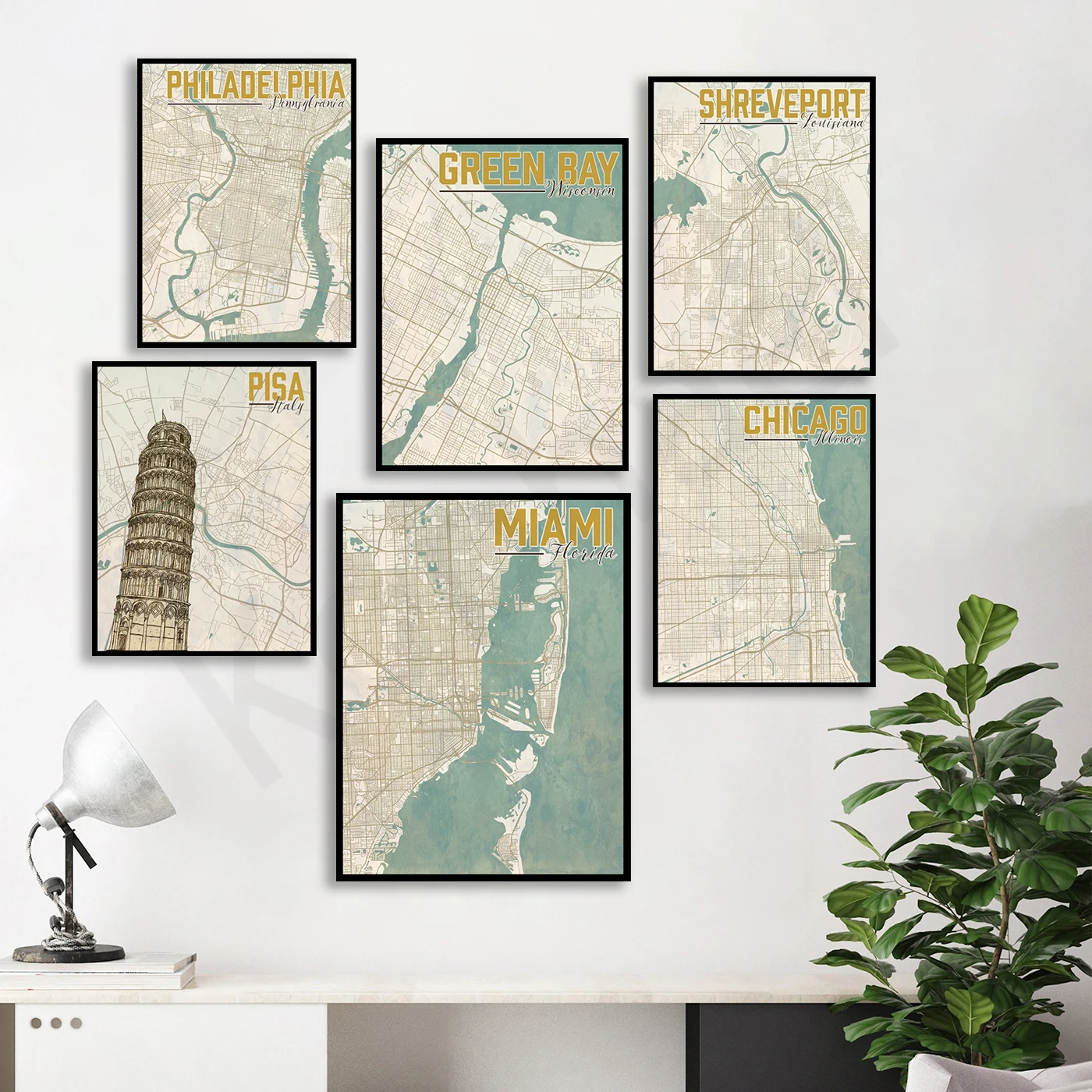 Miami Florence Philadelphia Green Bay Shreveport Pisa Chicago Los Angeles. City Travel Map Poster