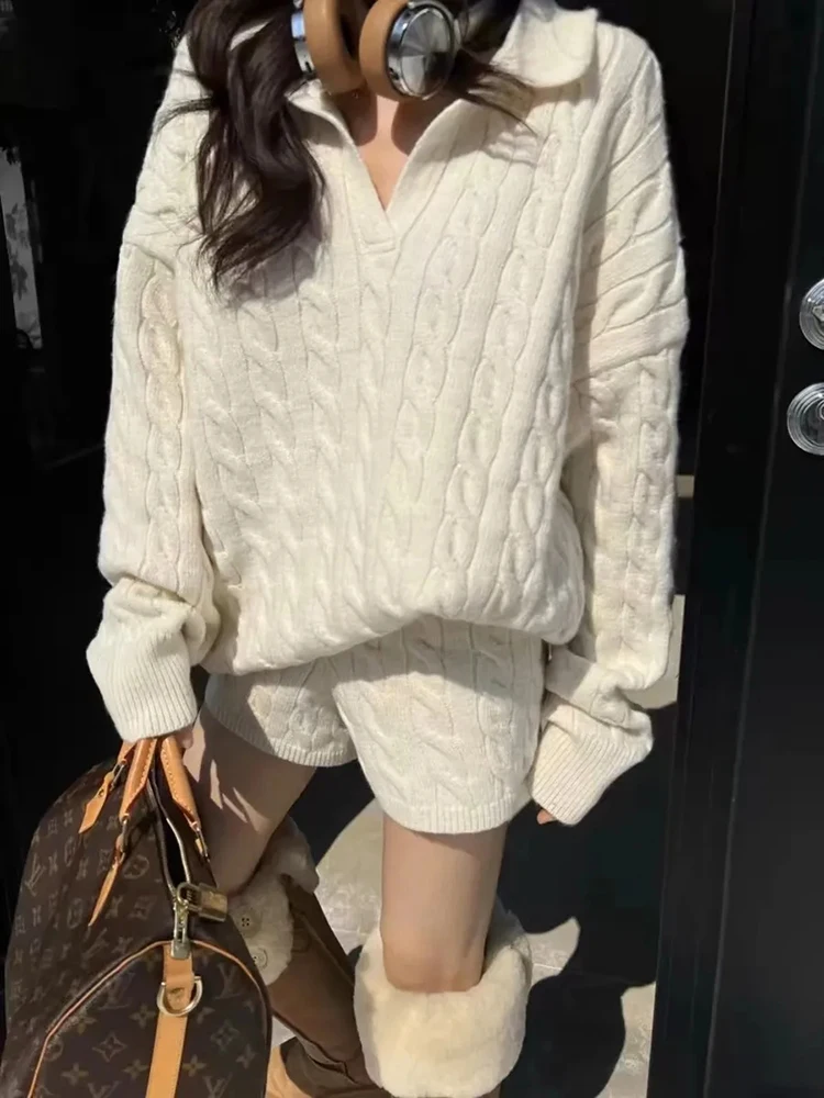 Japanese Knit Two Piece Sets Women Loose Casual Lazy Wind Vintage Sweet Sweater Autumn Winter Preppy High Waist Straight Shorts