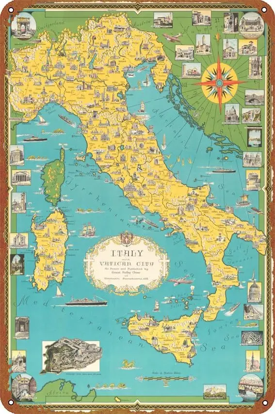 Map of Italy Map Poster Sign Metal Tin Sign Wall Art Decor - Retro Sign for Home Decor Gifts - 8x12 Inch