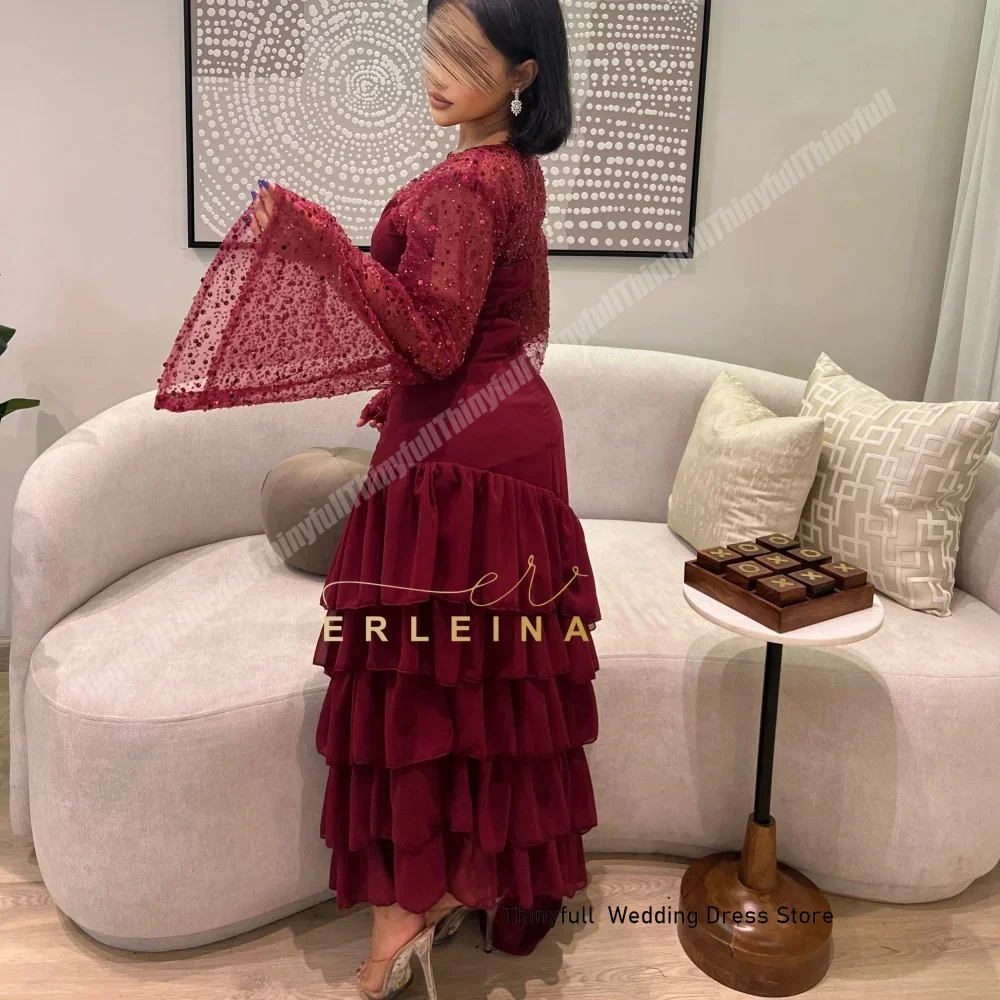 Thinyfull A-line Chiffon Prom Dresses Sequined Long Sleeves O-neck Evening Party Gown 2024 Tiered Dubai Formal Occasion Dress