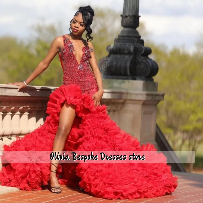 Vestido de fiesta personalizado con cuentas rojas Aso Ebi, vestido negro de cumpleaños para niñas, vestido de fiesta con apliques de cristales para sesión de fotos