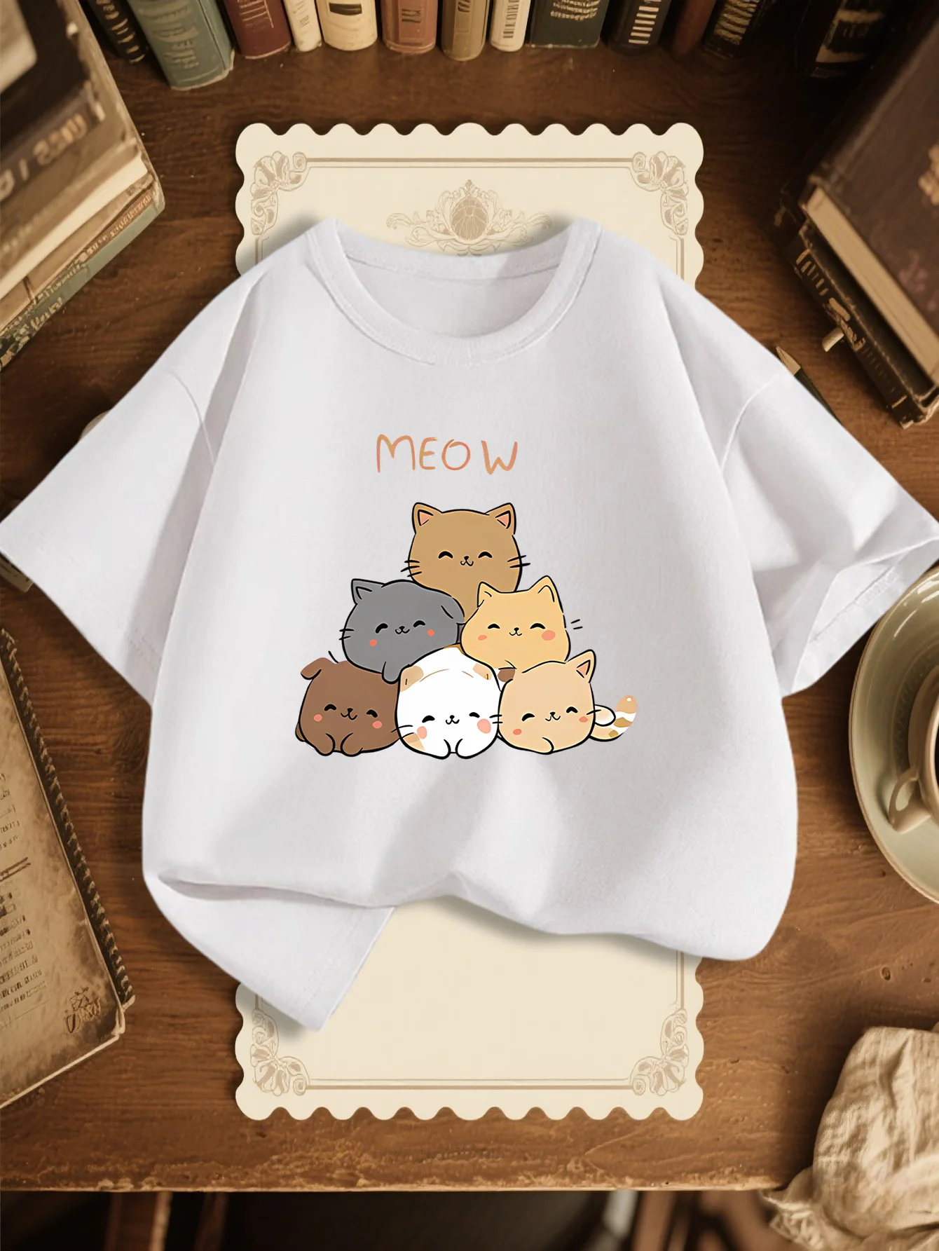 Family Matching T Shirt Stacked Cute Kittens Meow Letter Print Boys Girls Cotton Short Sleeve Parent Kid Lovely Pet Casual Tops