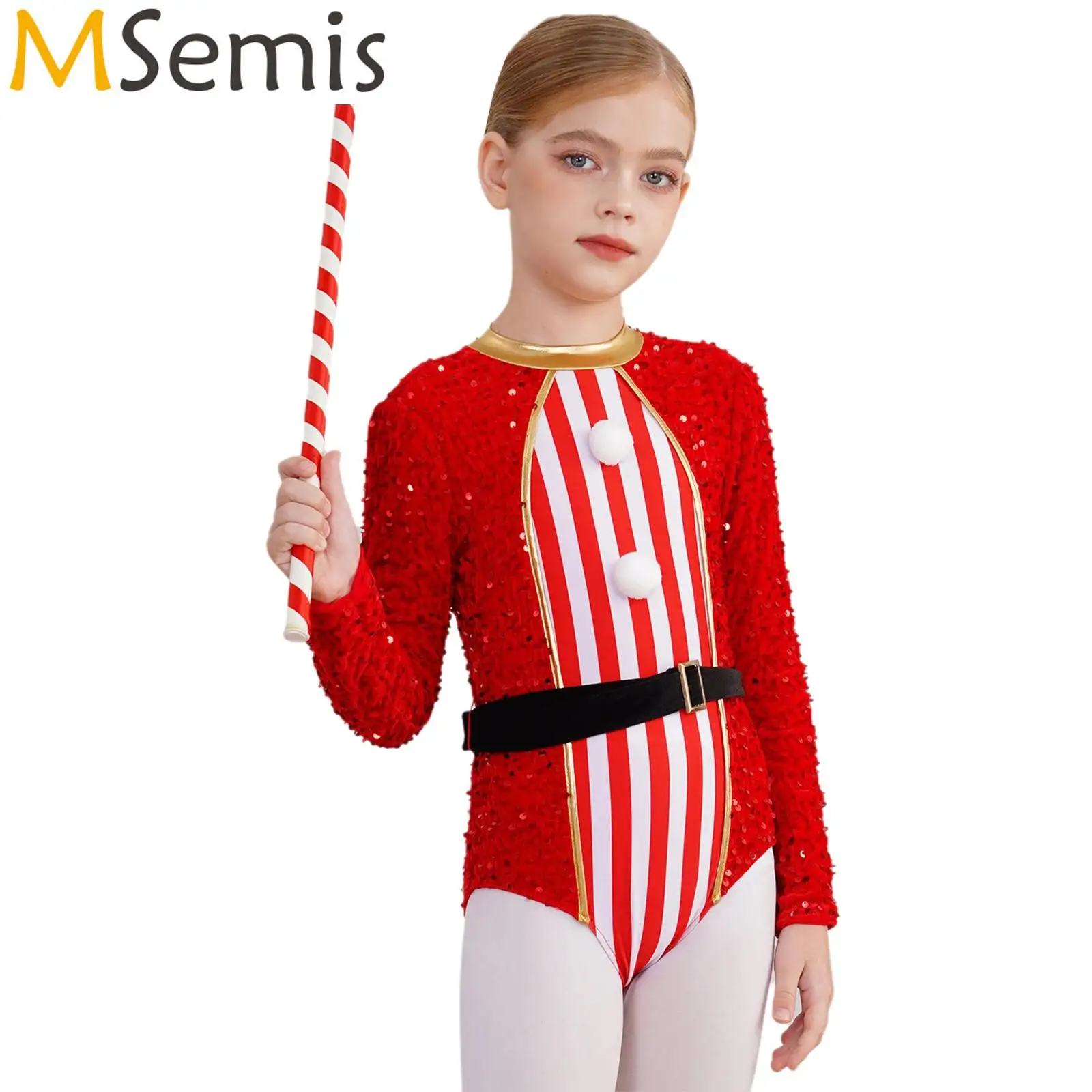 Kids Girls Christmas Candy Cane Bodysuit Long Sleeve Sequins Jumpsuit Gymnastics Ballet Dance Figure Skating Leotard Costume