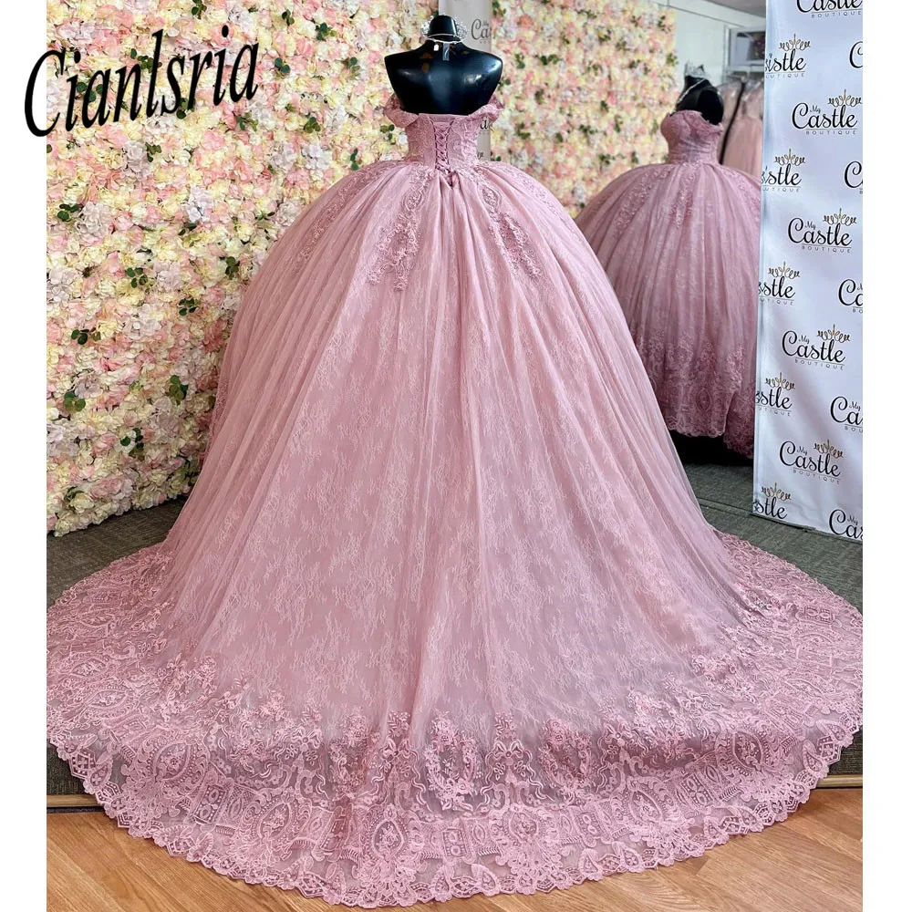 Vestido De quinceañera rosa con hombros descubiertos, traje De tul con apliques y cuentas, con cordones, para desfile, 15 Años, 2023