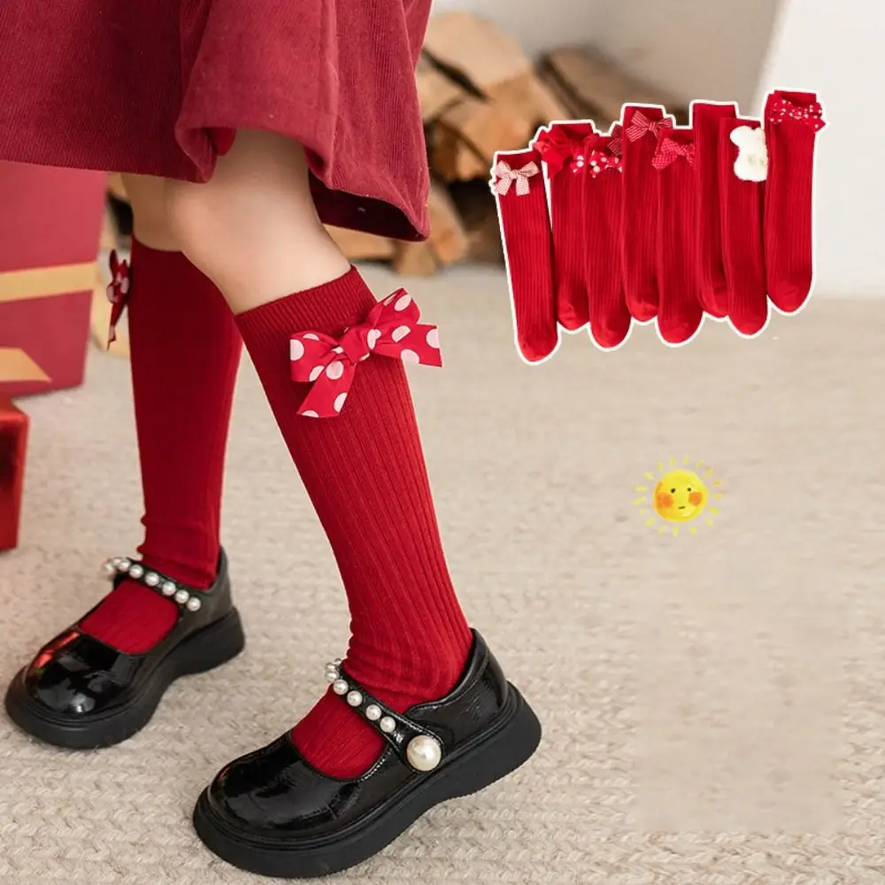 Cute Cotton Girls' Long Socks Stretch Red Children's Semi-High Socking Bow Ribbon Mid-Length Socken New Year