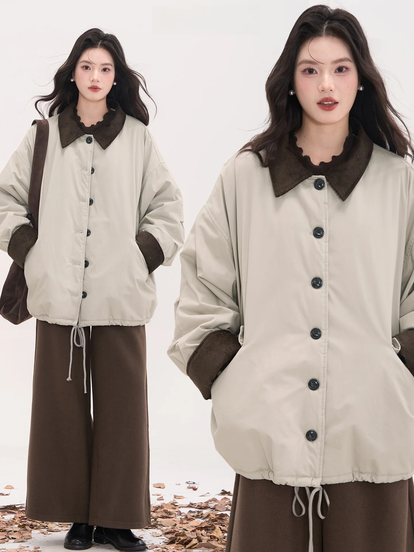 

Heme Fall Winter Corduroy Parka Coat Women's Cotton Jacket with Quilted Stand Collar Long Sleeve Loose Fit Color