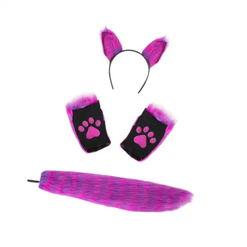 Animal Ears and Tail Set Cosplay Paw Gloves for Role Play Carnival Halloween Purple