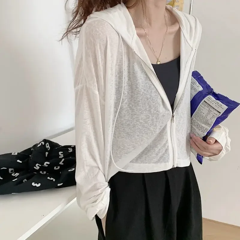 Solid Color Thin Hooded Cardigan Women 2024 Summer Zipper Up Crop Tops Woman All Match Long Sleeve Cropped Jacket Ladies