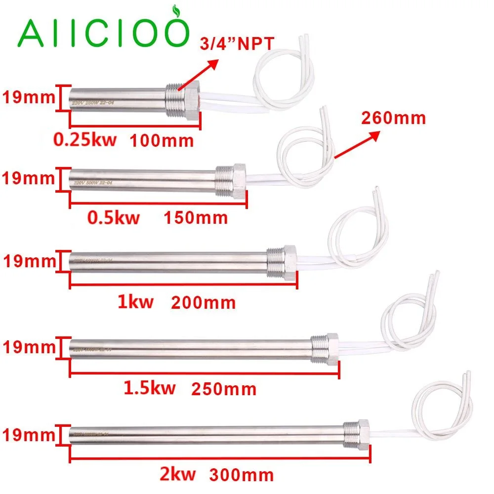 220V Cartridge Heater DN20 Cylindrical Heating Element Immersion Tubular Water Heater 0.25kw/0.5kw/1kw/1.5kw/2kw