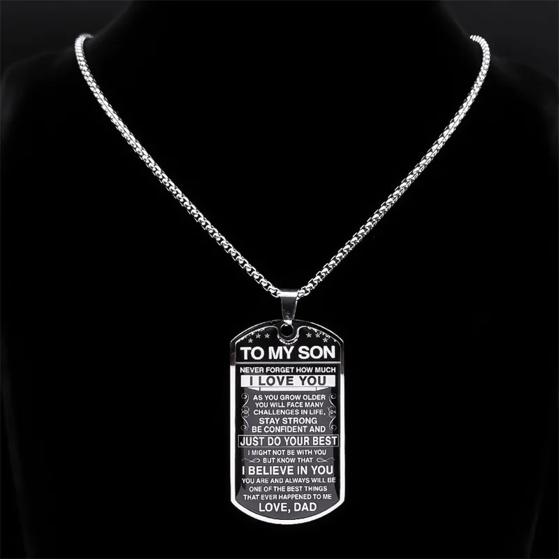 An meinen Sohn, ich liebe dich Anhänger Halskette Edelstahl Hundemarke Buchstabenkette Geburtstags- und Abschlussgeschenk Schmuck Männer Inspiration Kinder – Detail 5