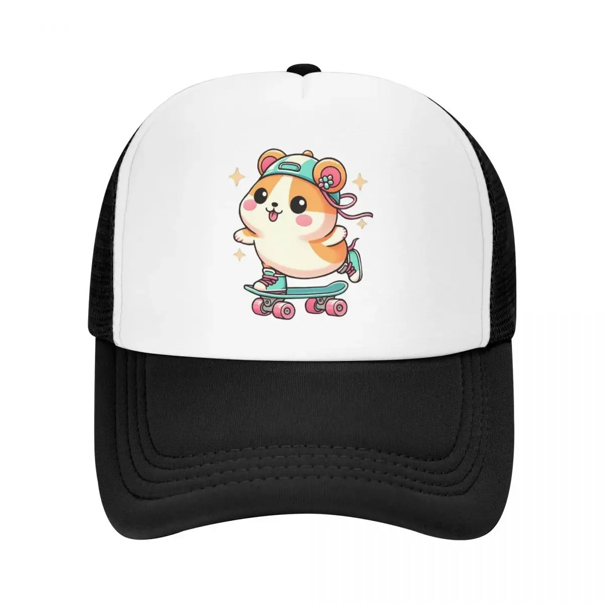 Adorable Hamster On A Skateboard Cap  Casual Mesh Baseball Caps Adjustable Hat Hip Hop Summer Unisex Baseball Hats Polychromatic