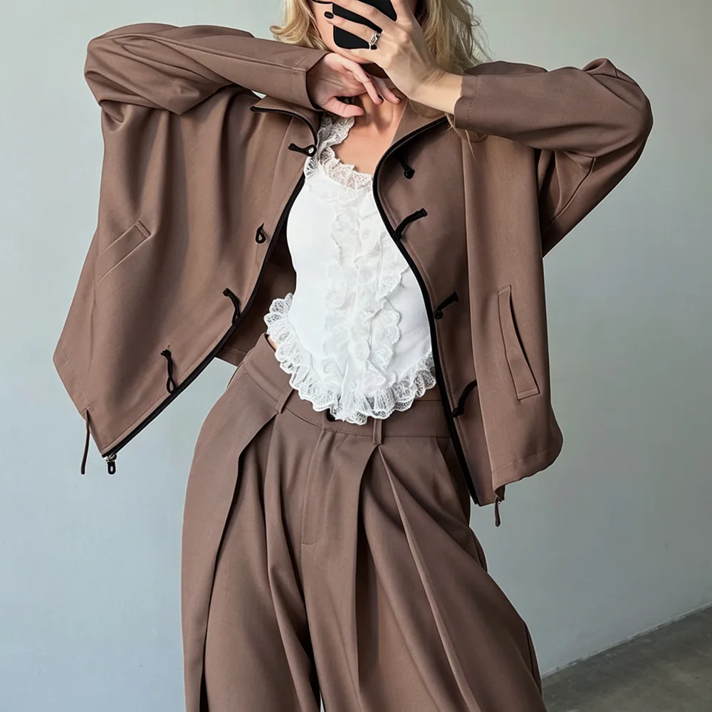 Women Winter New Chinese Style Stand Collar Drawstring Jacket Curved Pants Suit 2-piece Set