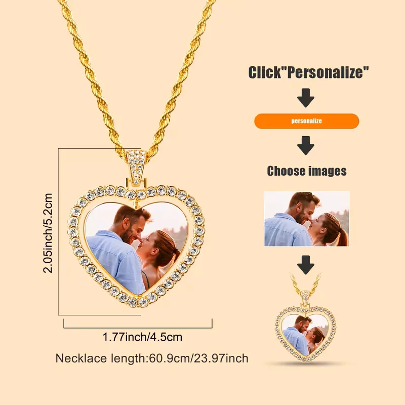 Personalised Custom Photo Heart Pendant Necklace, Custom 360° Rotating Photo Necklace, a Meaningful Personalised Gift