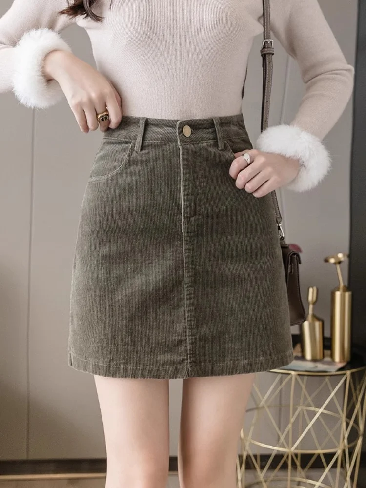 Candy Color Corduroy Half Skirt Women Autumn Winter High Waist Slimming A- shaped Skirt Cotton Material Short Length