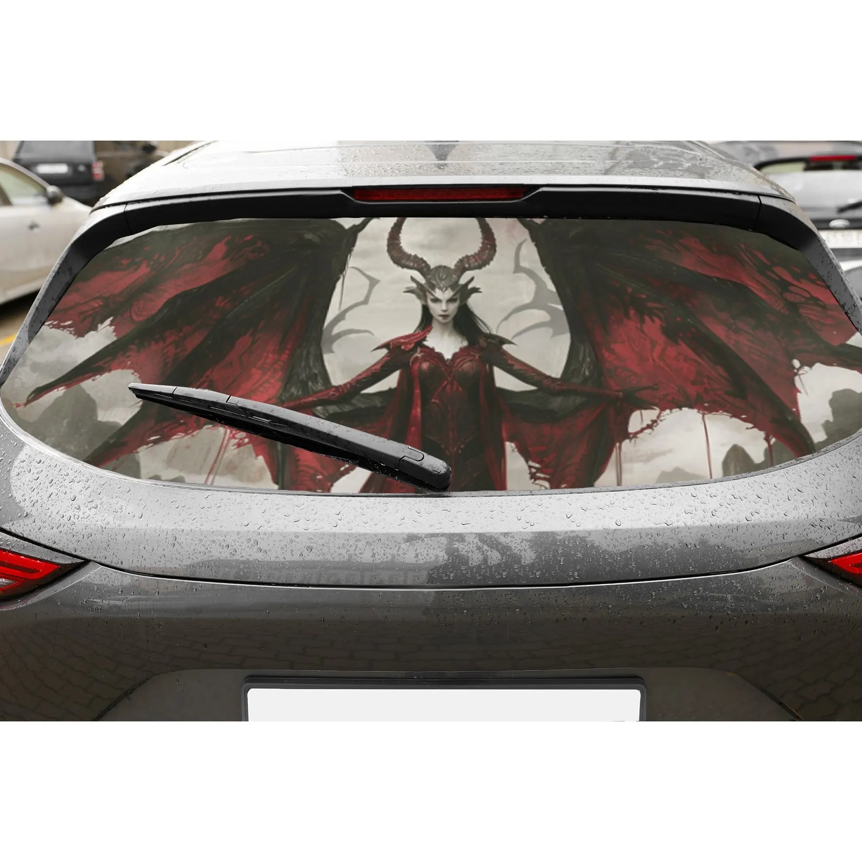 Fantasy Demoness pasa sus alas rojas, pegatina para parabrisas trasero de coche, ventana de camión transparente, vinilo perforado para ventana trasera W