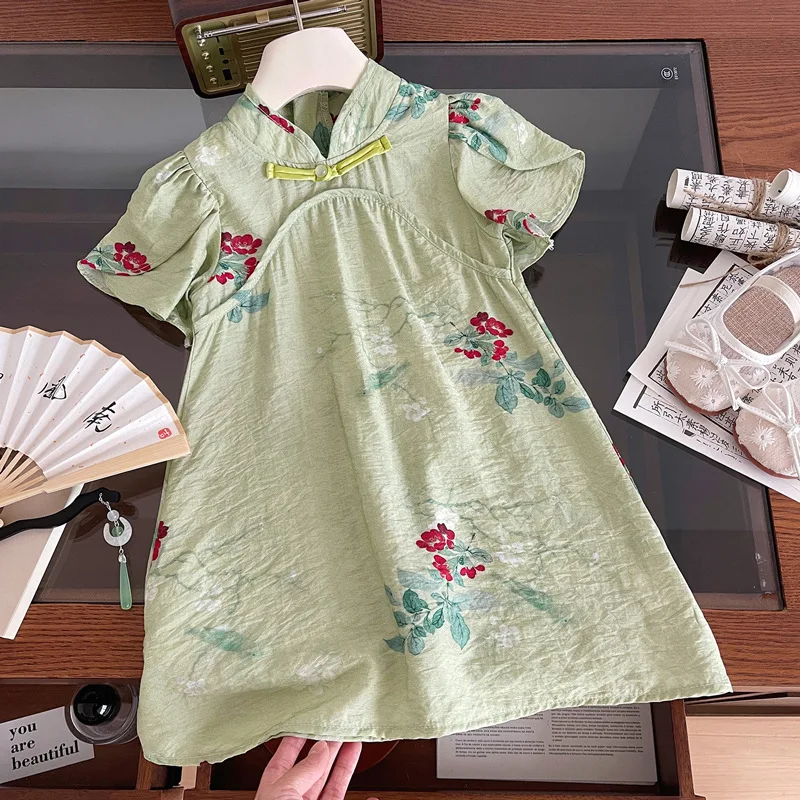 

New Chinese Girls Dress Summer New2024Children's National Style Buckle Cheongsam Dress Baby Girl Fashionable Skirt