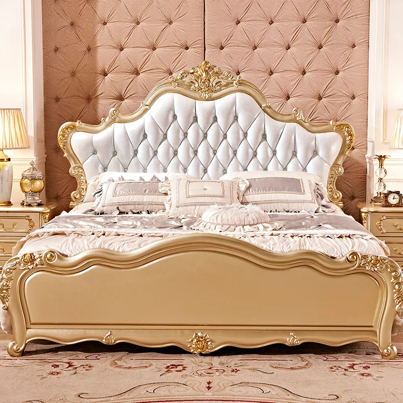 wood bed European double 1.8m genuine leather wedding bed Luxury French carved king bed Master bedroom Champagne gold furniture