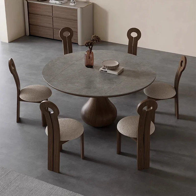 Medieval retractable dining table stretching solid wood rock slab dining table folding dual-purpose square becomes round dining