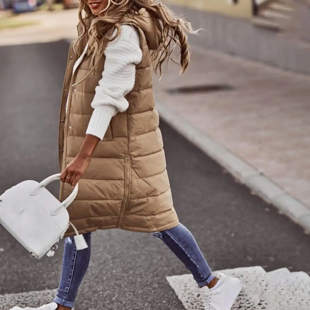 Down Waistcoat  Fashion Long Type Hooded Warm Cotton Puffer Waistcoat  Loose Puffer Vest