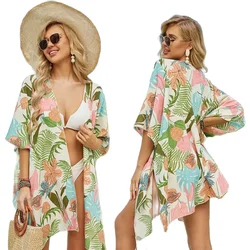 Women's Tops Loose Floral Print Chiffon Coverups Beach Swim Bikini Kimono Cardigan Puff Sleeve Cover Ups Blouse for Swimwear