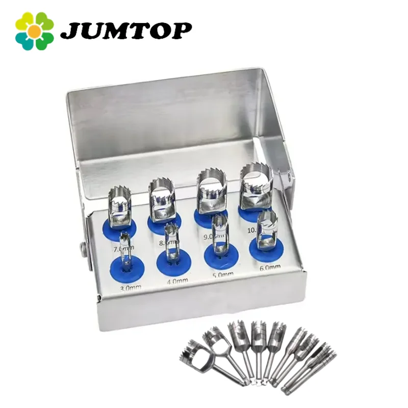 8Pcs Dental Implant Trephine Drill Kit with Bur Holder, Surgical Bone Grafting Instruments for Implantology Dentistry