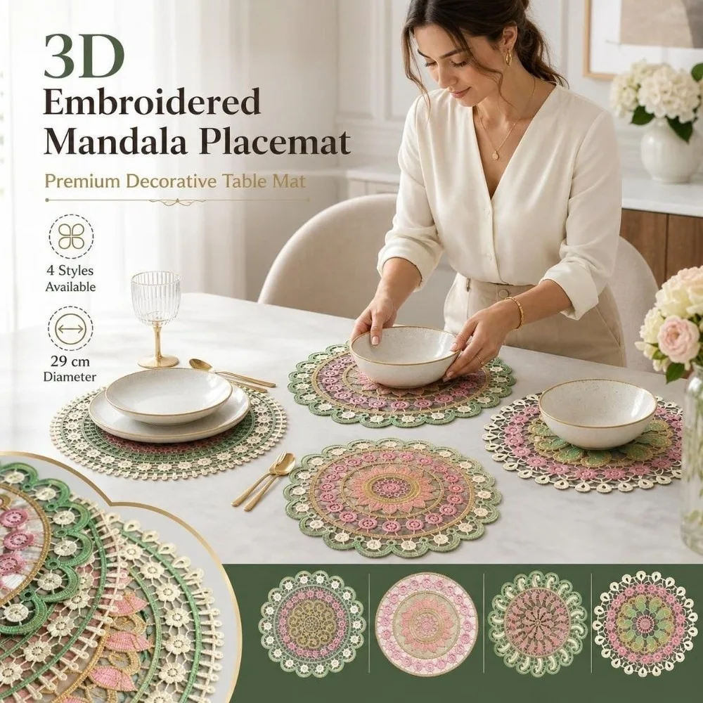 Vintage Embroidery Lace Doily Placemat Mandala Colorful Embroidered Table Doily Round Hollow Tea Pad Mat for Kitchen Table
