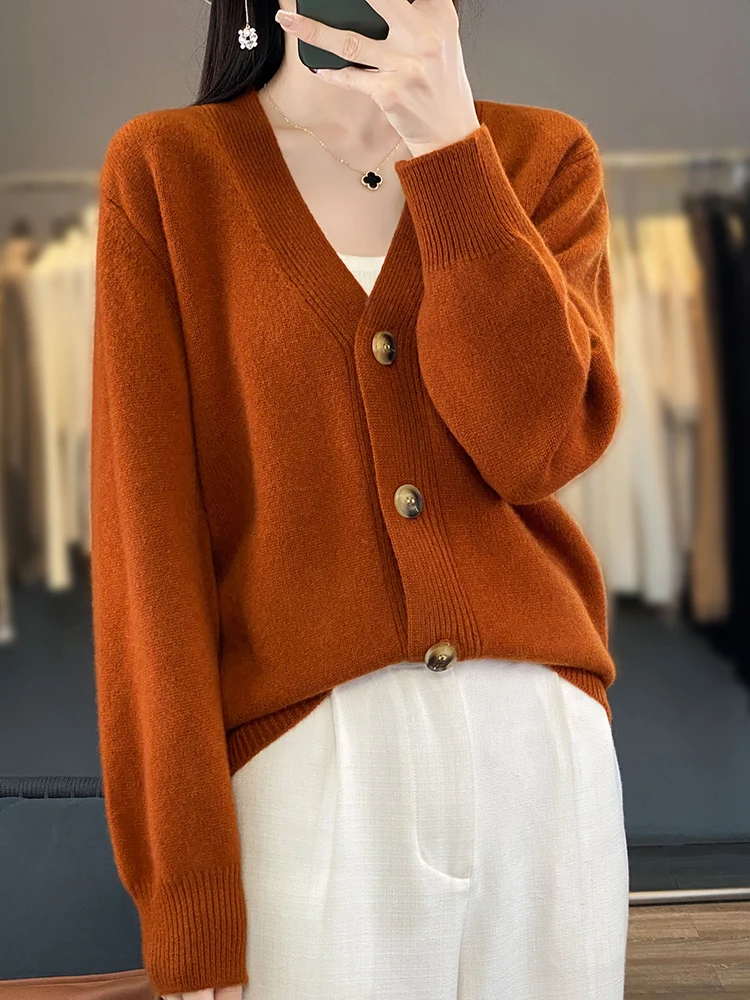 ADDONEE Women V-neck Casual Cardigan Sweater For Spring Autumn Pure Color Long Sleeve Coat 100% Merino Wool Cashmere Knitwear