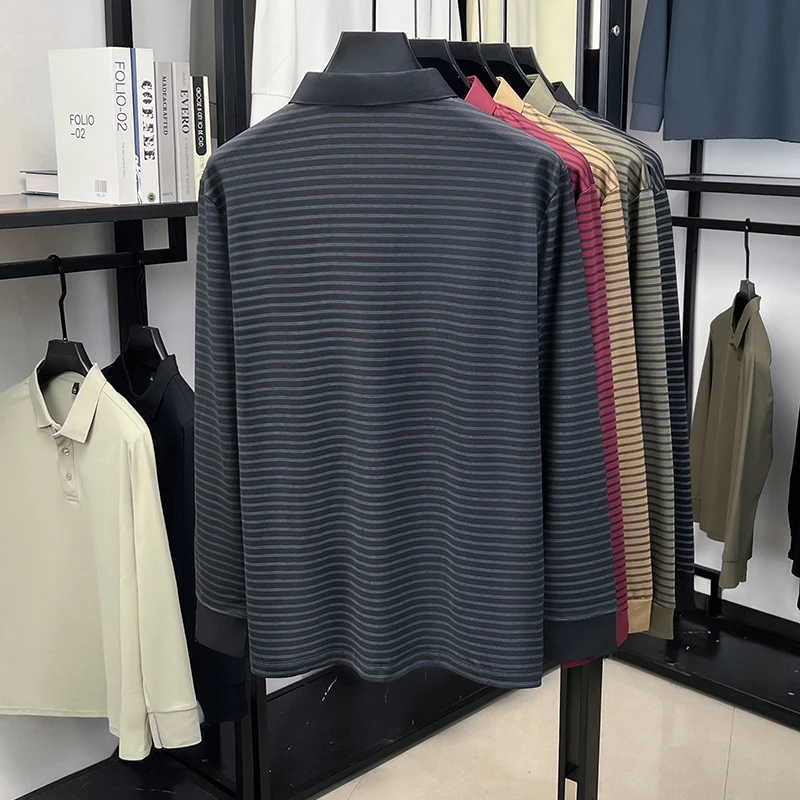 Herren-Polohemd mit langen Ärmeln und Brusttasche, gestreift, lässiger Business-Look, Herbst, Alltag, weich, atmungsaktiv, Herrenbekleidung. – Detail 14