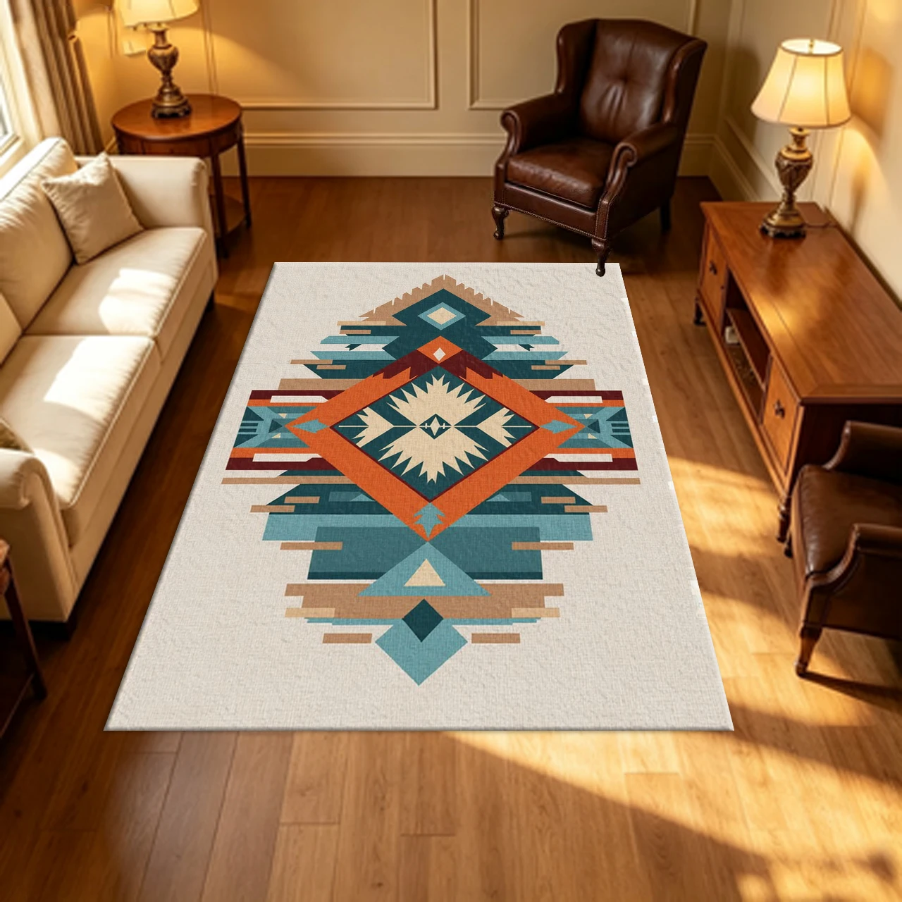 Southwestern Ethnic Geometric Diamond Carpet Flooring Retro Terracotta Teal Beige Tribal Style Household Indoor Decor Area Rug