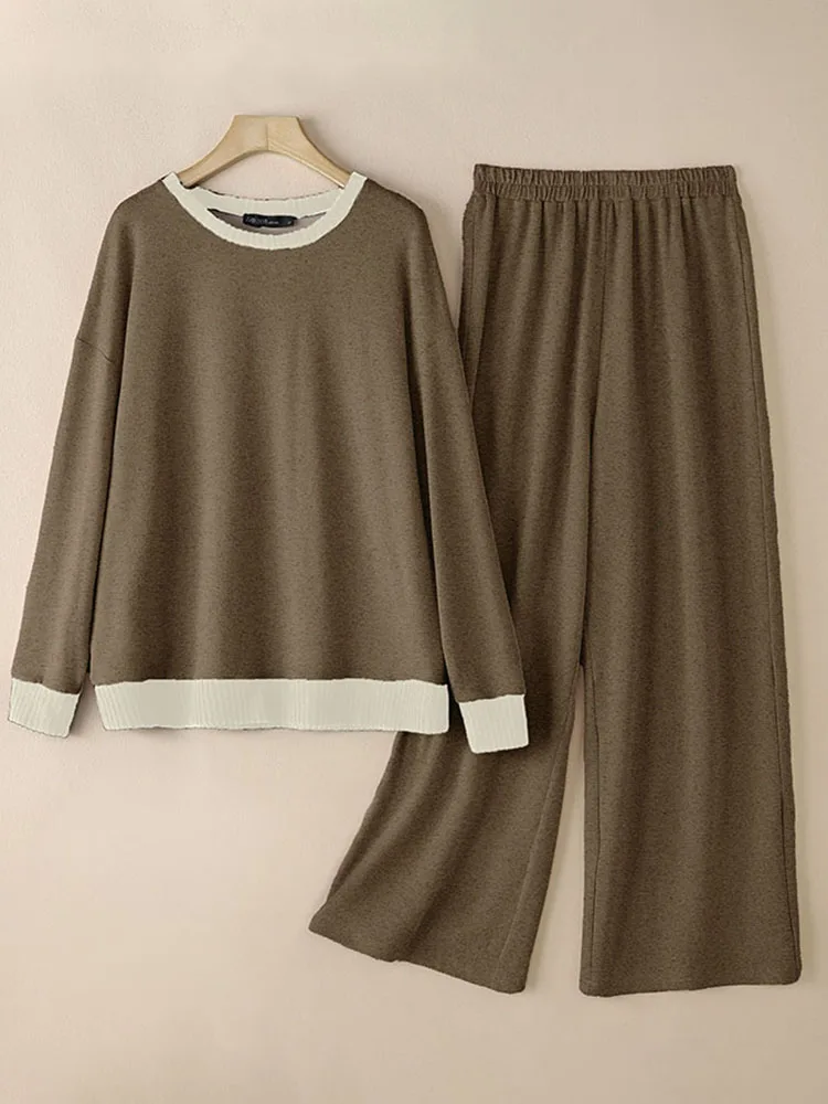 

ZANZEA Casual 2pcs Outfits Women Tracksuits Spring Autumn Pant Sets Fashion Long Sleeve Sweater Wide Leg Trousers Matching Sets
