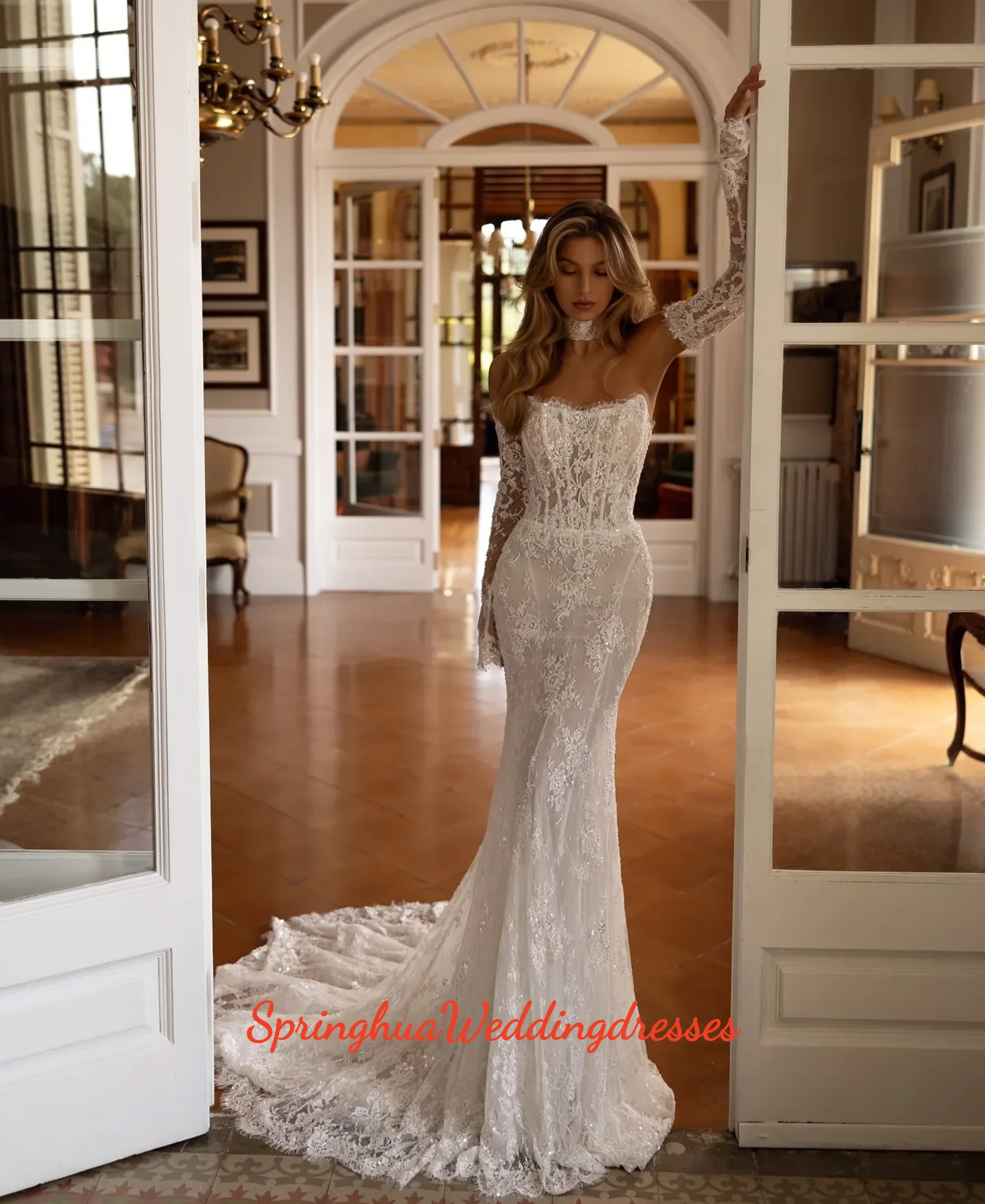 

Индивидуальные свадебные платья-русалки из кружева без бретелек с жемчугом и открытой спиной, вечерние платья для невесты с шлейфом в пол, свадебные платья Vestidos de Noiva