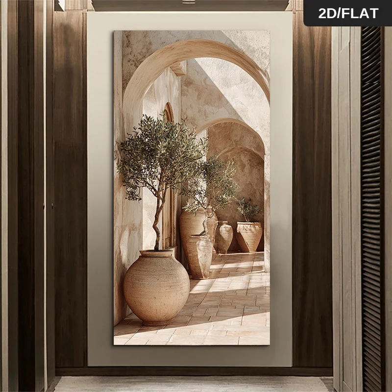 2D Flat Large Outdoor Archway Potted Trees Canvas Wall Art - Unframed Minimalist Canvas Poster for Living Room Decorations Gifts