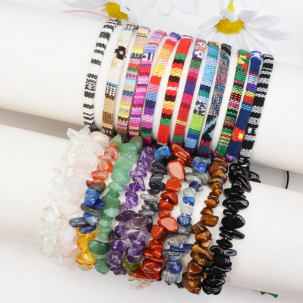 

22pcs Natural Gravel and Handmade Bohemian Braided Bracelets, 7 Chakra Aura Gemstone Crystal Stretch Bracelet