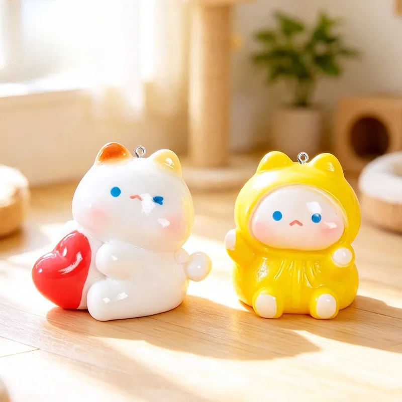 10Pcs Cute Cartoon Cat Resin Pendants Ring for DIY Keychain Bag Ornament Jewelry Making Handmade Craft Supplies With Eye Pin