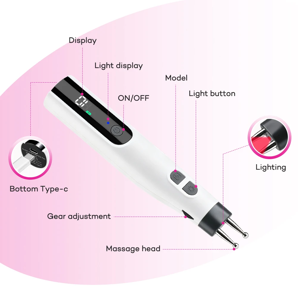 2-in-1 Electric Massager Pen Red Blue Light 10-Level Pulse Body Relaxer Portable USB Rechargeable Neck Shoulder Massage Tool