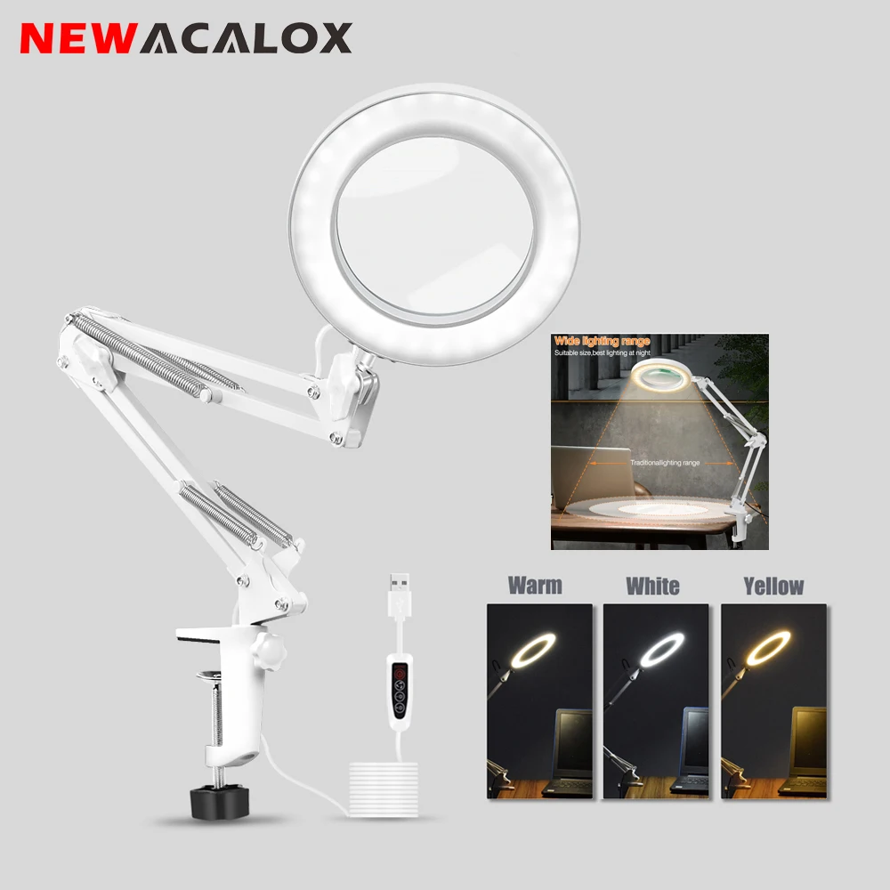 Usb 5x Lupa com Cores Led Luz Braço Oscilante Ajustável Clip-on Lâmpada de Ampliação Lâmpada de Mesa de Leitura para Trabalho Diy