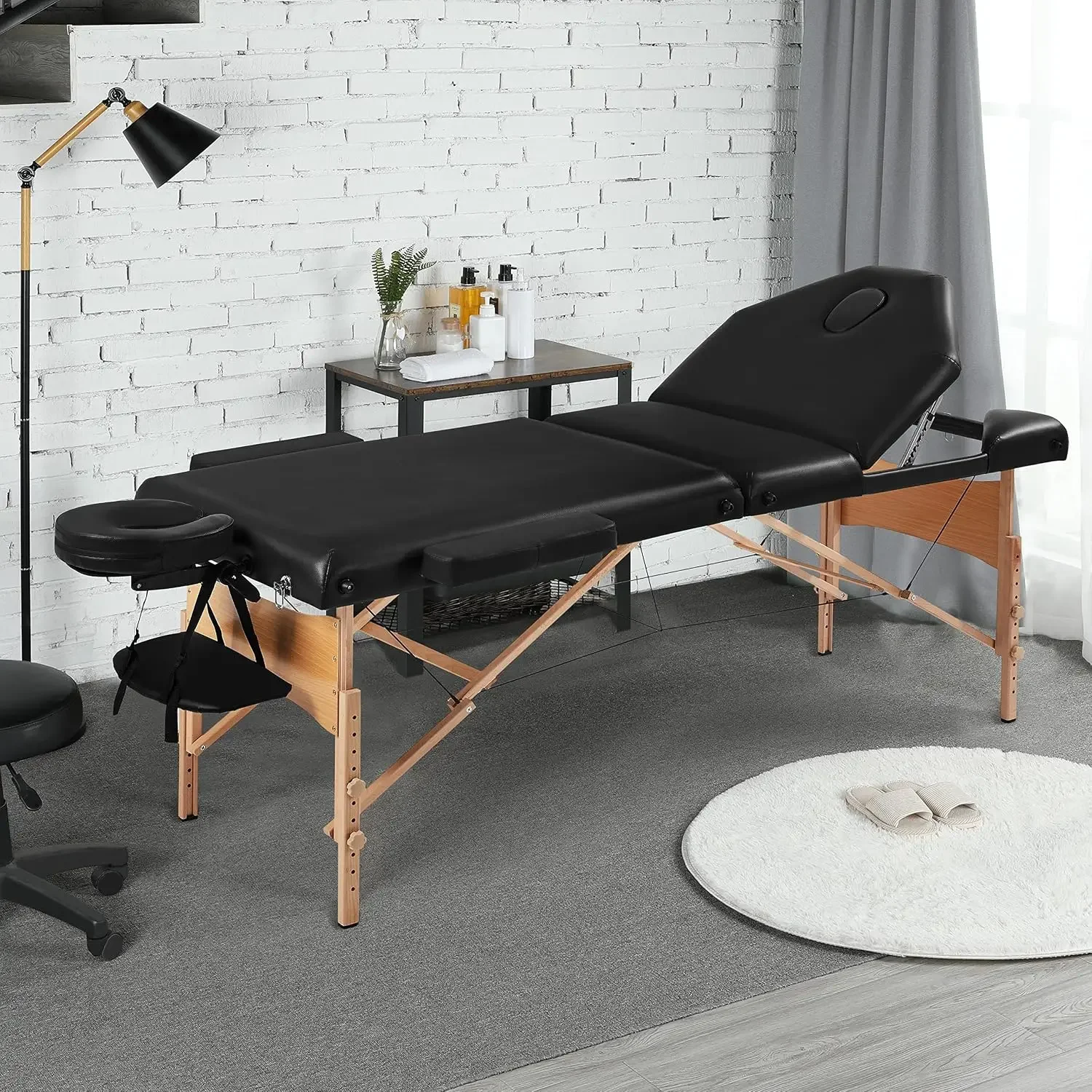28in Wide Folding Massage Table Adjustable Portable Facial Bed | Thick foam faux leather padding on a sturdy wood frame with rem