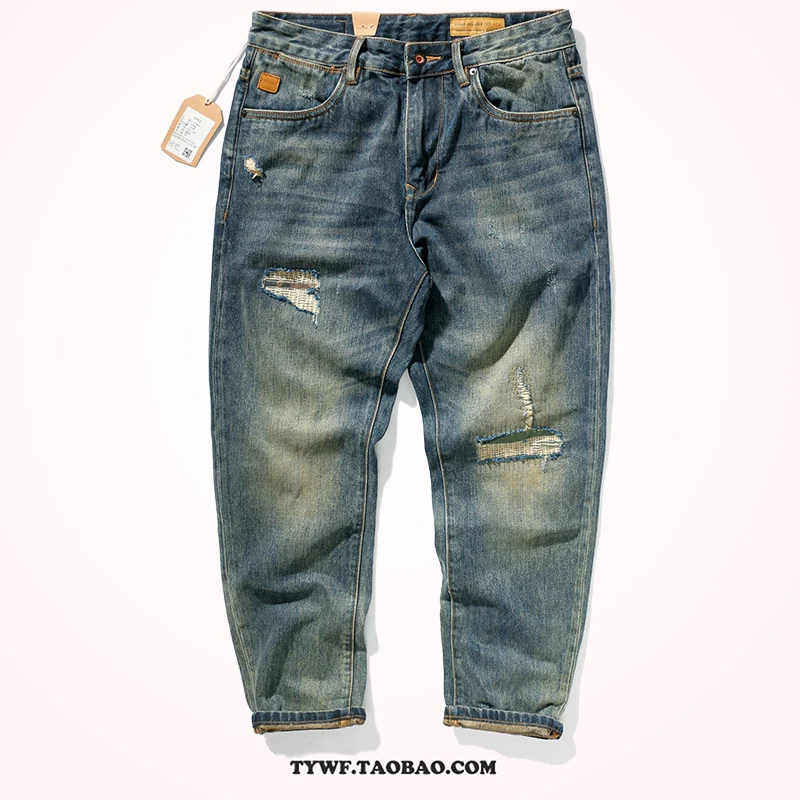 

Men's Distred Denim Jeans Patchwork Vintage Sle Straight Leg Torn 's Whisker Waed down Cone Straight Leg Jeans