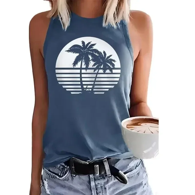 Summer Women's Cool Comfortable Tops Seaside Coconut Print Sleeveless Tops Daily Casual Vacation Tank Top