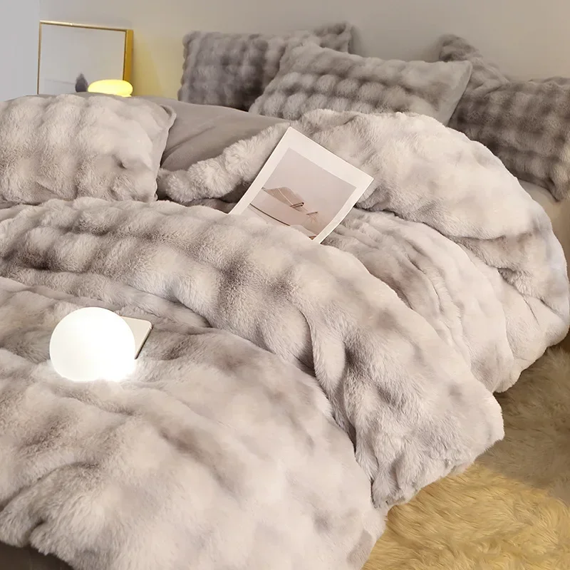 4Pcs Set Winter Thick Rabbit Plush Bedding Set Silky Delicate Texture Milk Velvet Duvet Cover Anti-Pilling Fluffy Warm Bed Linen 5