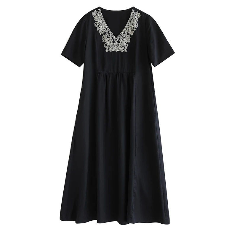 NYFS الراقية مزاجه الخامس الرقبة المطرزة فستان أسود طويل 2025 صيف جديد فضفاض قصير الأكمام فستان امرأة رداء Elbise