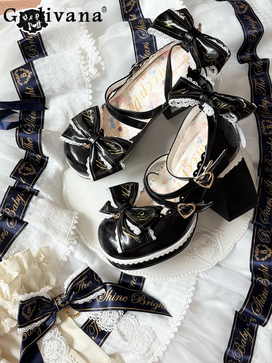 

Sweet Girl Japanese Original Lolita Bow High Heels Round Toe Chunky Heel Doll Feel JK Uniform Fashion Mary Jane Shoes
