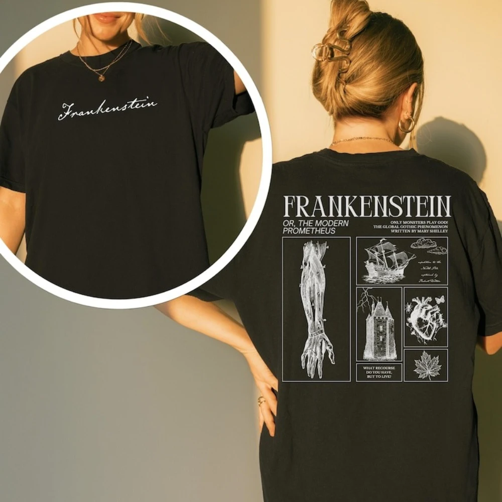 Camiseta Frankenstein con diseño de insectos y hoja de arce, estilo gótico de terror, para amantes de las películas de monstruos, merchandising literario, Dark Academia, Romance, Mary Shelley, Top Y2K