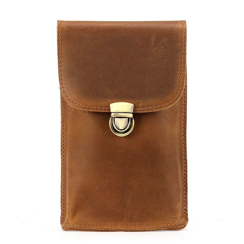 

"Vintage Full-Grain Leather Phone Pouch – Crazy Horse Leather Men's Belt Waist Bag, Multi-Functional Crossbody Holster with Stra