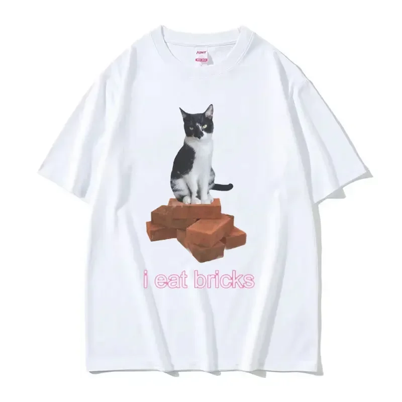 Women Fashion Clothing T-shirt O-Neck Sleeve T Shirts I Eat Bricks Cute Cat Funny Meme Graphic T-Shirt Summer Aesthetic Clothes