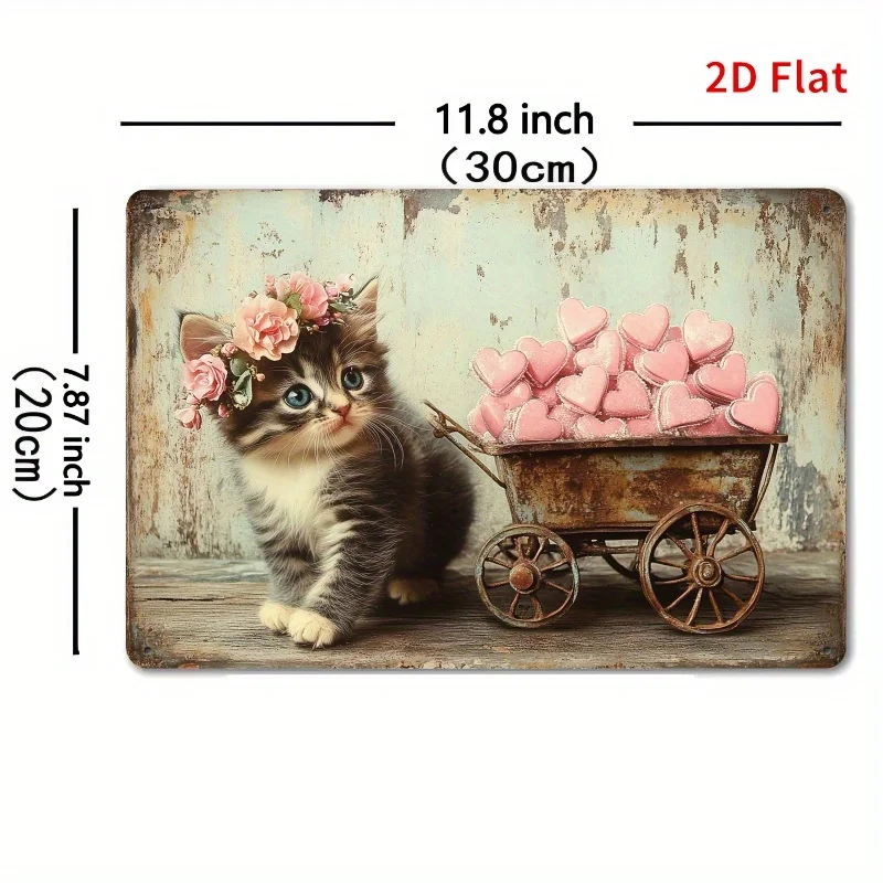 2D Flat, Vintage-Style Kitten in Flower Crown & Heart-Shaped Wagon Metal Wall Art - 12x8 Inch Rustic Iron Decor with Pink Flower