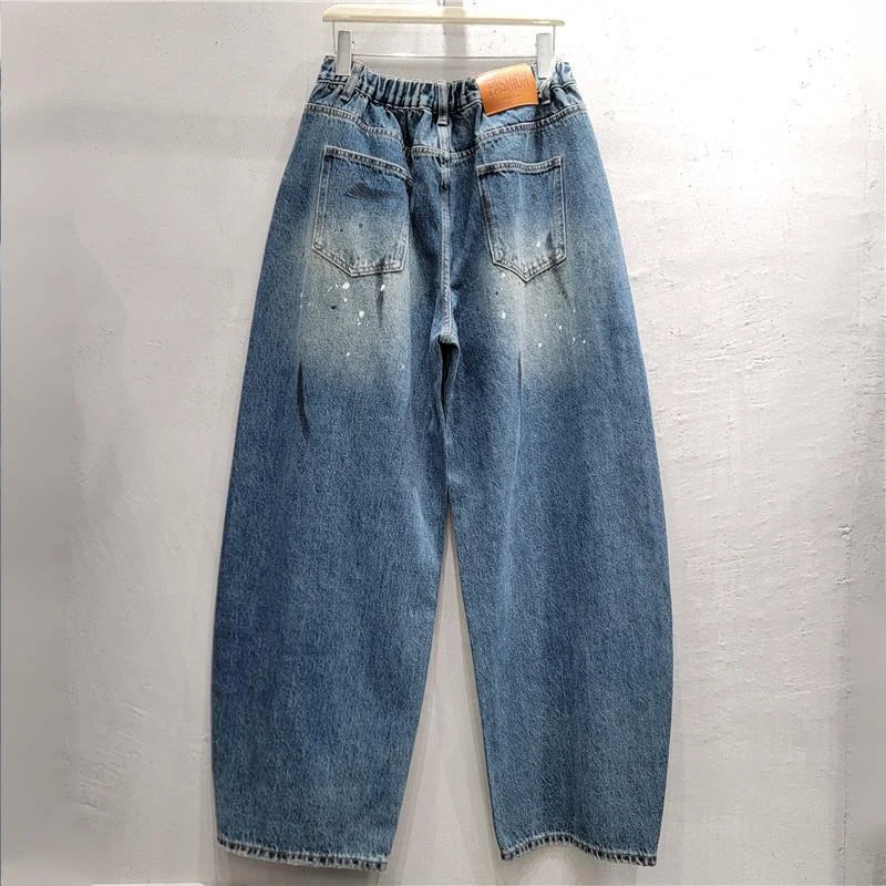ANJY Spring Autumn Women American Style Retro Design Spliced Rivet Loose Wide Leg Denim Pants High Street Niche Ins Jeans A28217