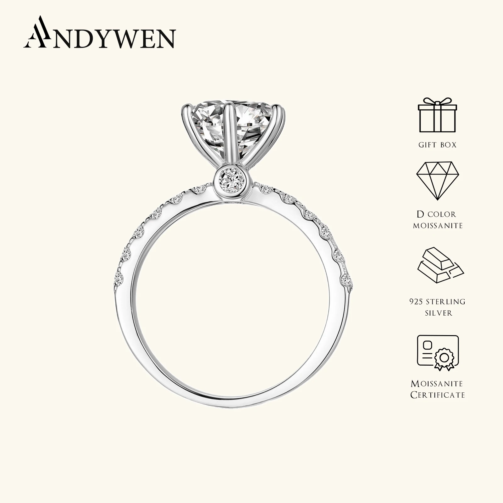 

ANDYWEN Luxury 3 Carat Moissanite D Color Wedding Ring Sterling Silver, Timeless Solitaire Design for Formal Events
