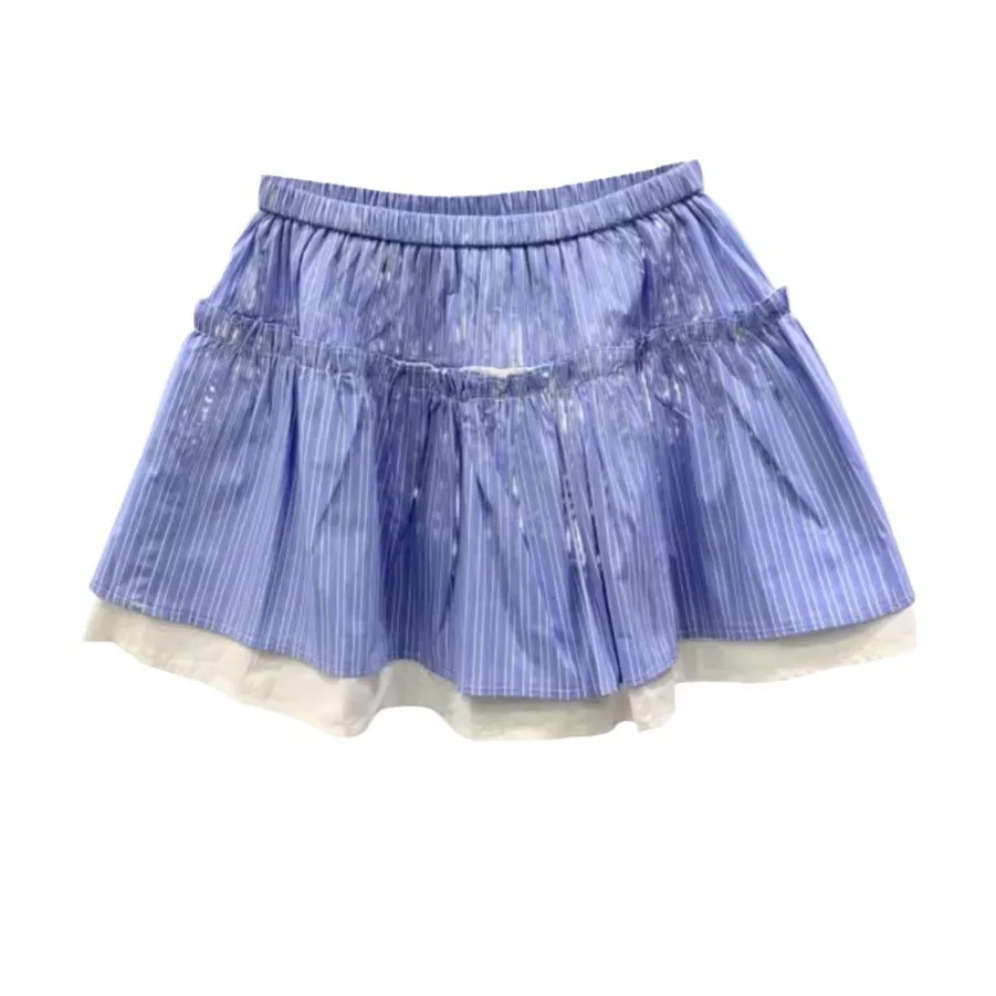 [ZOCI] Korean Style Design White Striped Short Skirt High Waisted A-line Spliced Skirt, Black Fungus Edge Pleated